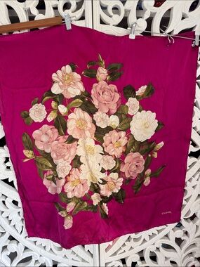Vintage Chanel Camellia Silk Scarf — Magenta Floral Print